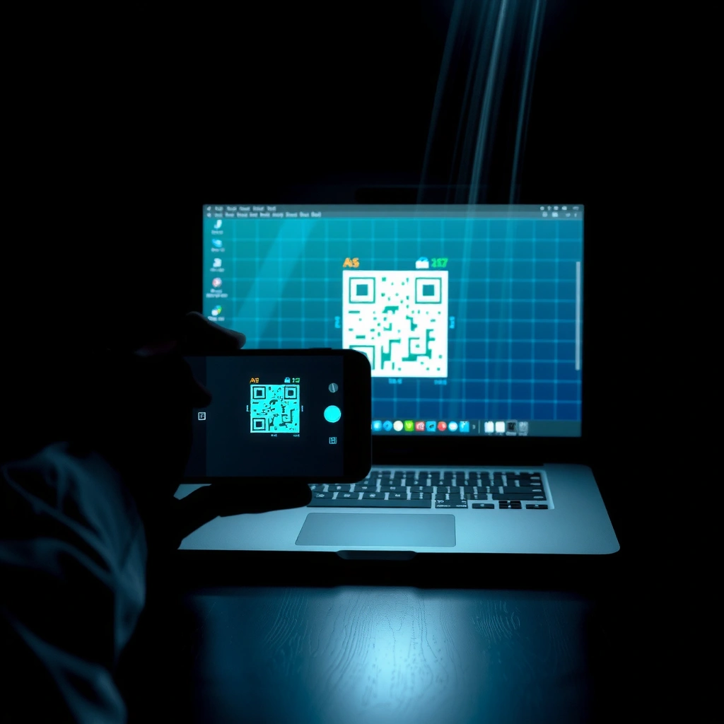 A phone held up to a laptop screen, scanning a code shown on it.