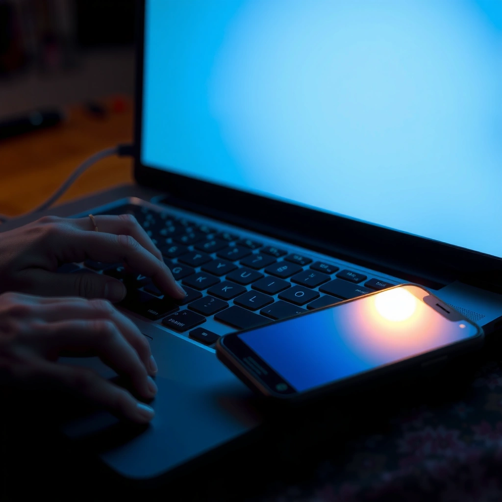 Hands typing on a laptop keyboard at night, a phone resting beside it.
