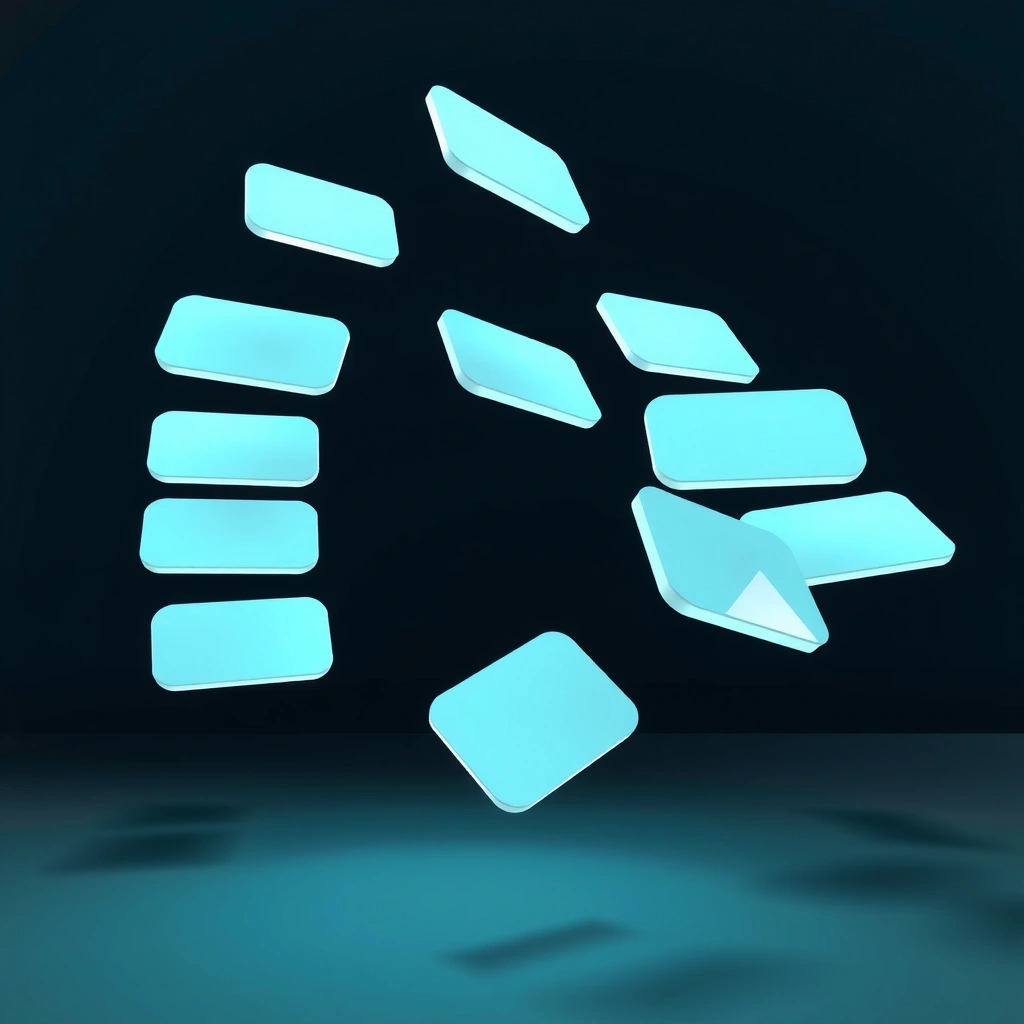 Translucent panels floating upward in a dark space, lit from below.