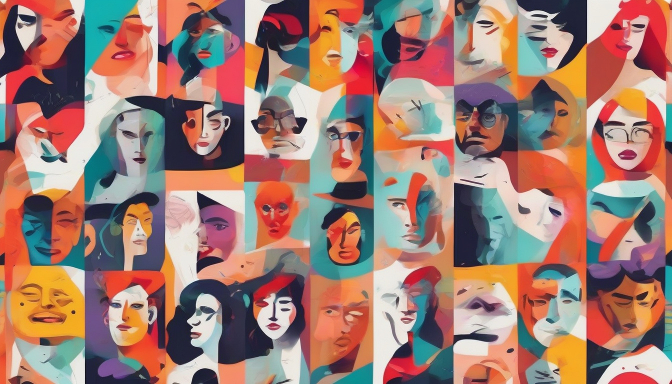  dynamic collage of evolving character faces and story elements, vibrant style