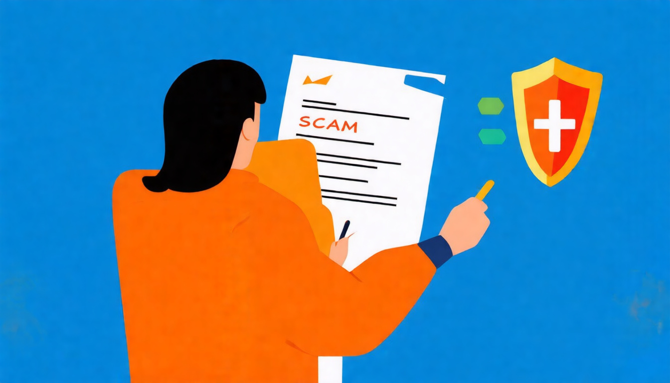  A worried person reviewing documents and shielding themselves from scam threats with a shield icon background