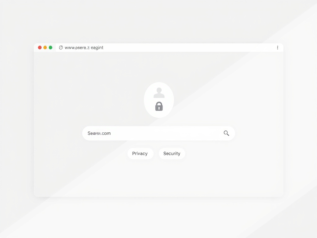 minimalist search engine interface emphasizing privacy and security features in a corporate design