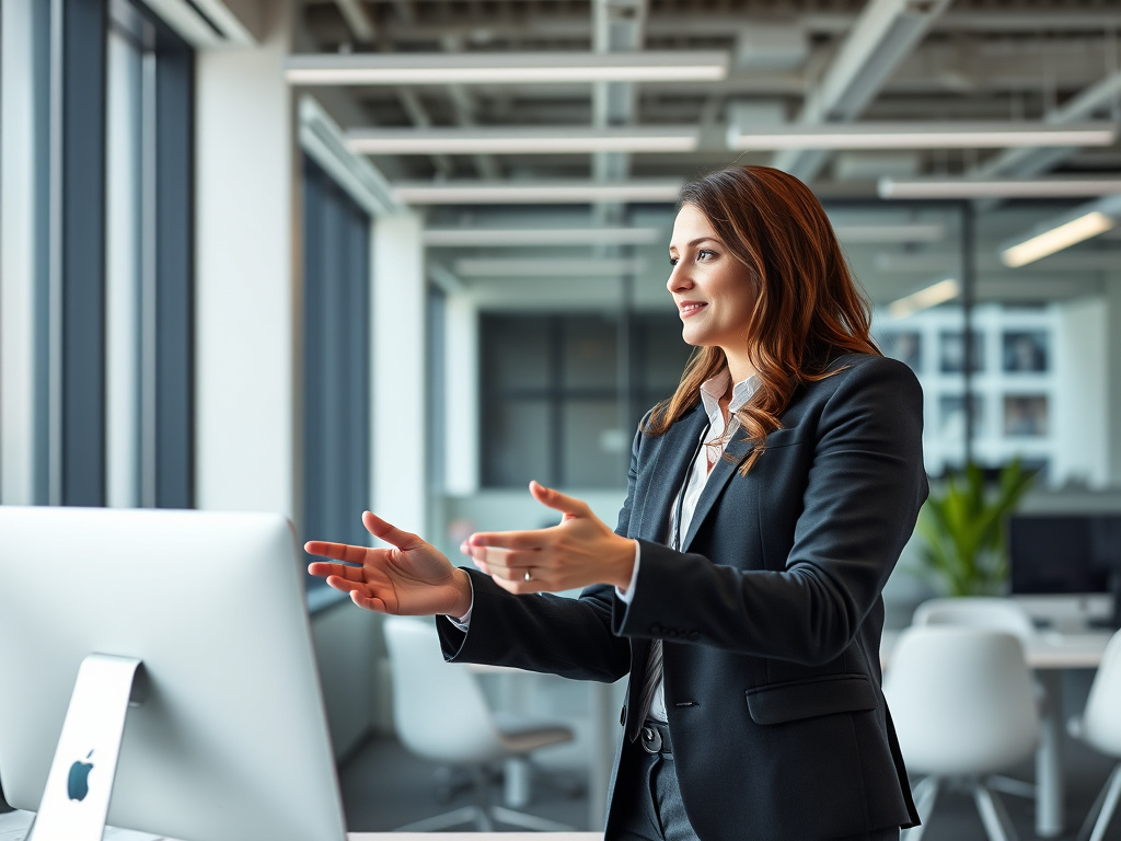 business professional engaging in outreach for backlink building in a modern office setting