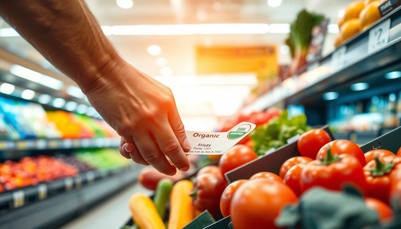  Close-up of hands inspecting organic label on fresh produce, bright and clean grocery store environment
