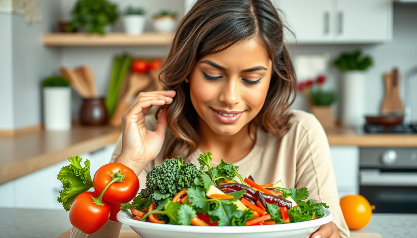  Healthy meal with fresh vegetables, natural remedies, person feeling relief, bright kitchen environment
