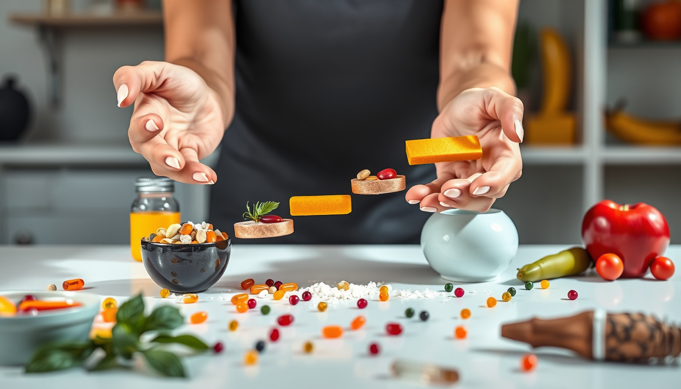  A person effortlessly balancing colorful vitamins and minerals on a bright health-focused table