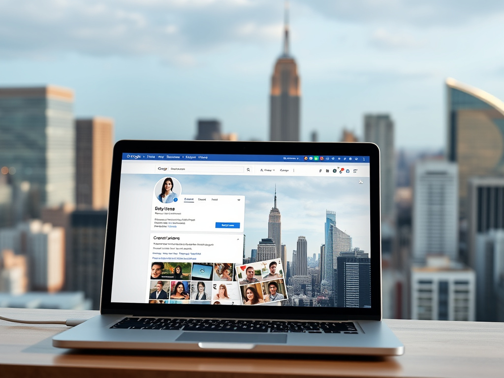 corporate professional updating Google My Business profile on laptop with cityscape background
