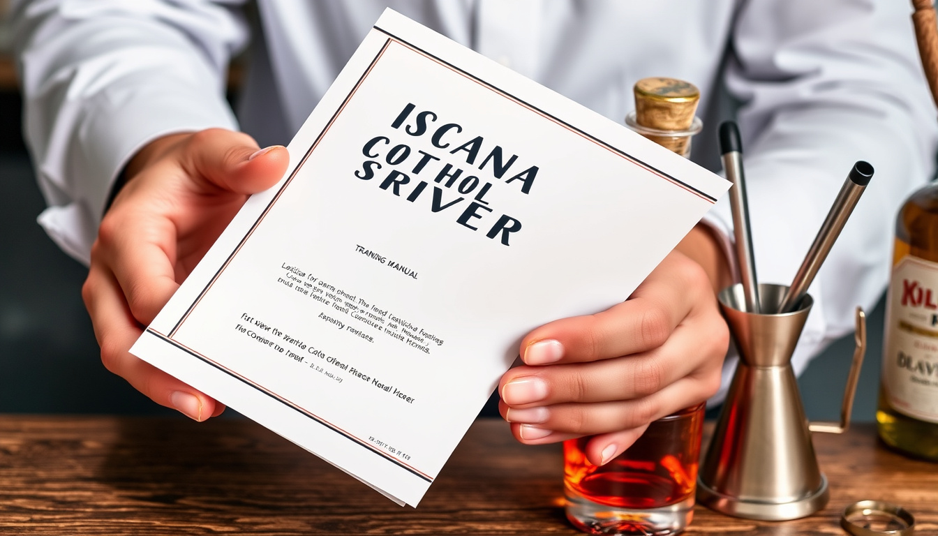  Close-up of hands using a Louisiana alcohol server training manual alongside cocktail preparation tools