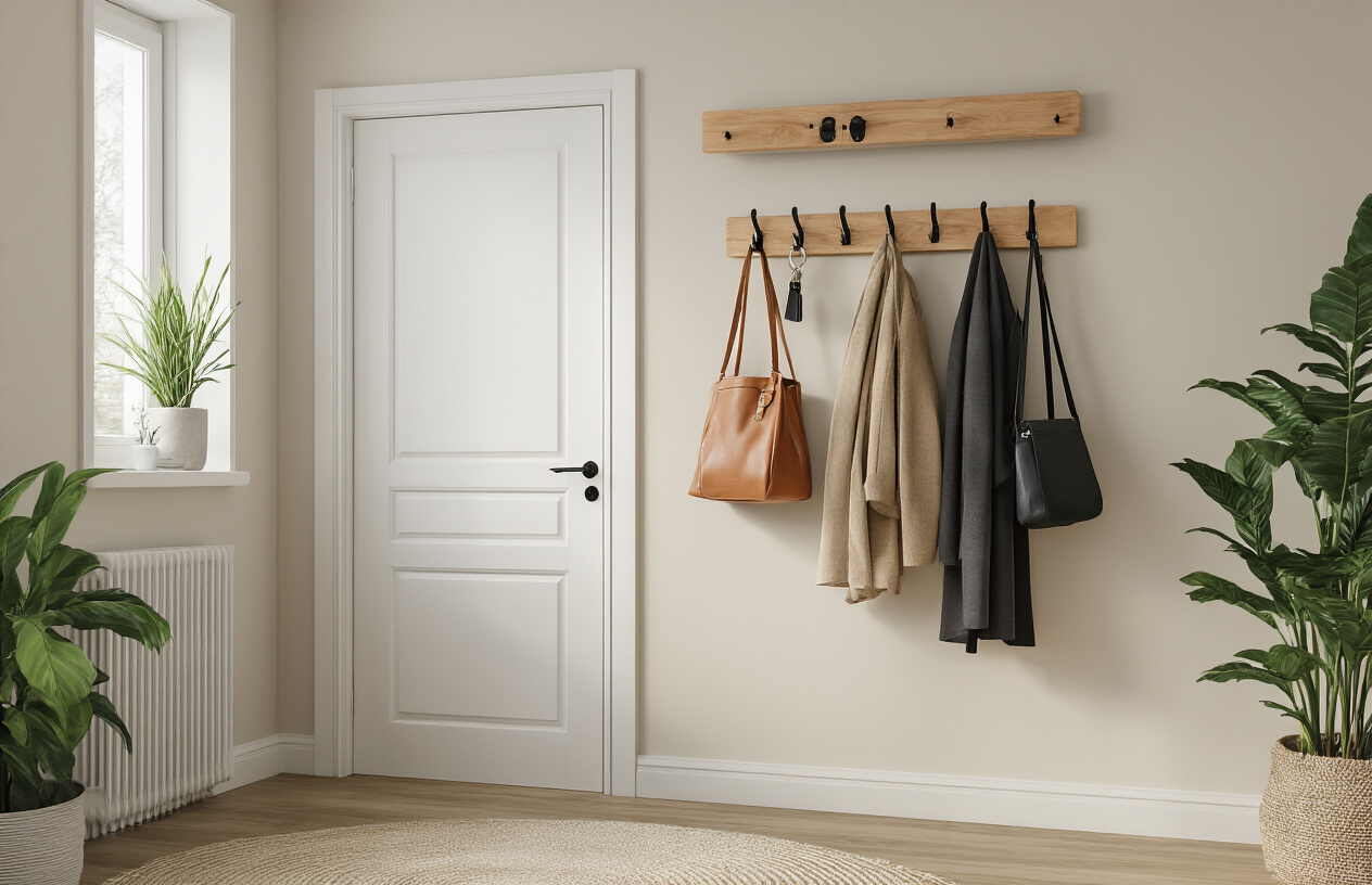 Create a realistic image of a small apartment entryway with stylish, multi-functional wall hooks installed near the door, showing several items neatly hung including coats, bags, and keys, with a clean minimalist design that emphasizes the space-saving aspect of the hooks against a neutral-colored wall.