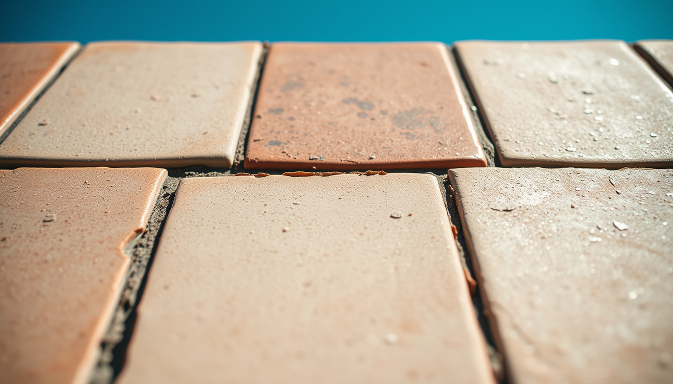 Roofing Tips: Essential Strategies for a Durable and Beautiful Roof 1 Close-up of weathered tiles with sunlight highlighting texture, blue sky background