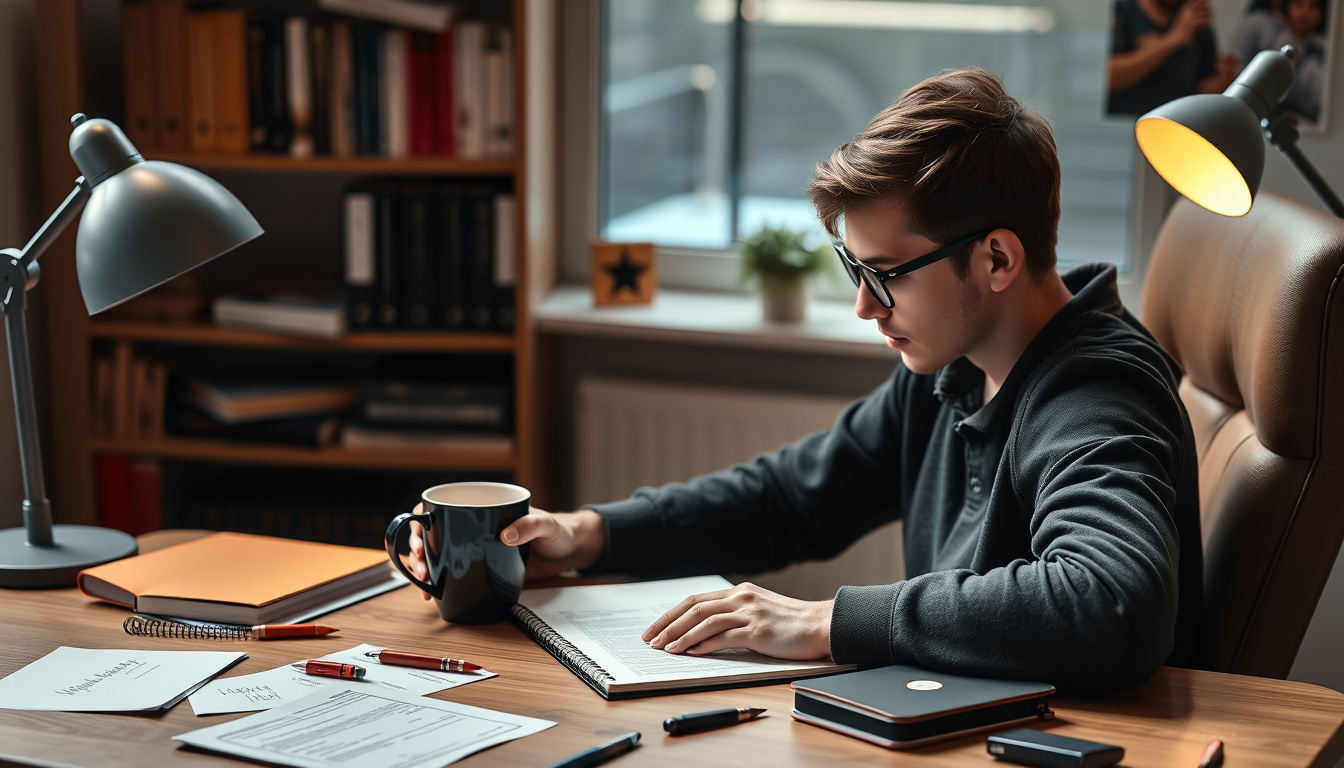  writer at cozy desk typing movie script, surrounded by creative notes and coffee cup