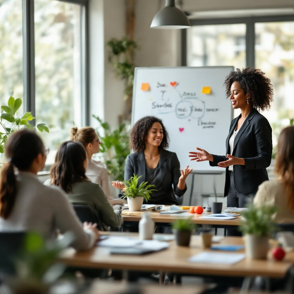 Create a realistic image of a diverse workplace setting with a black female professional leading a stress management workshop, where participants are practicing desk stretches and breathing exercises, with a whiteboard showing stress reduction techniques, soft natural lighting streaming through windows, organized desks with stress-relief items like plants and stress balls, and a calm, supportive atmosphere.