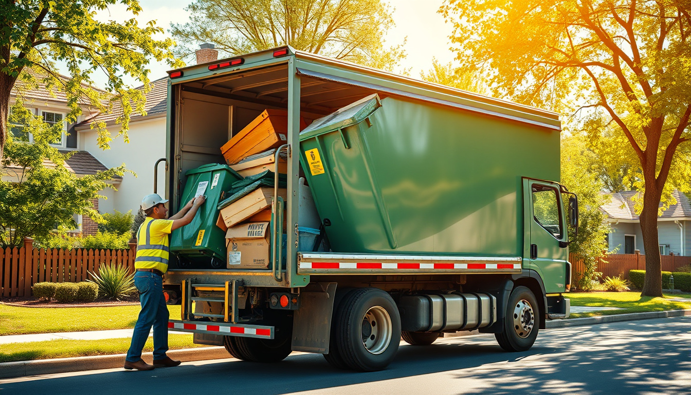  workers efficiently loading large trash items onto a truck, sunny suburban neighborhood