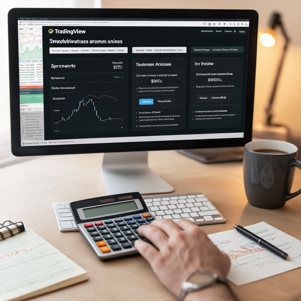 Create a realistic image of a computer screen displaying the TradingView premium plans comparison page, showing different pricing tiers and features side by side, with a white male hand holding a calculator nearby, a coffee mug, and some trading notes on a modern desk, warm ambient lighting highlighting the screen's details.