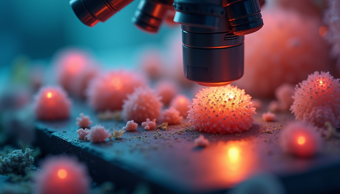  Close-up of psilocybin spores under a microscope with a caution label