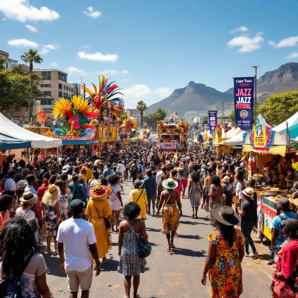 Create a realistic image of a vibrant South African cultural festival with diverse black and white attendees enjoying traditional performances, colorful parade floats, and food stalls under clear blue skies, with event banners showing "Cape Town Jazz Festival" in the background, capturing the festive atmosphere of special events tourists might plan their visit around.