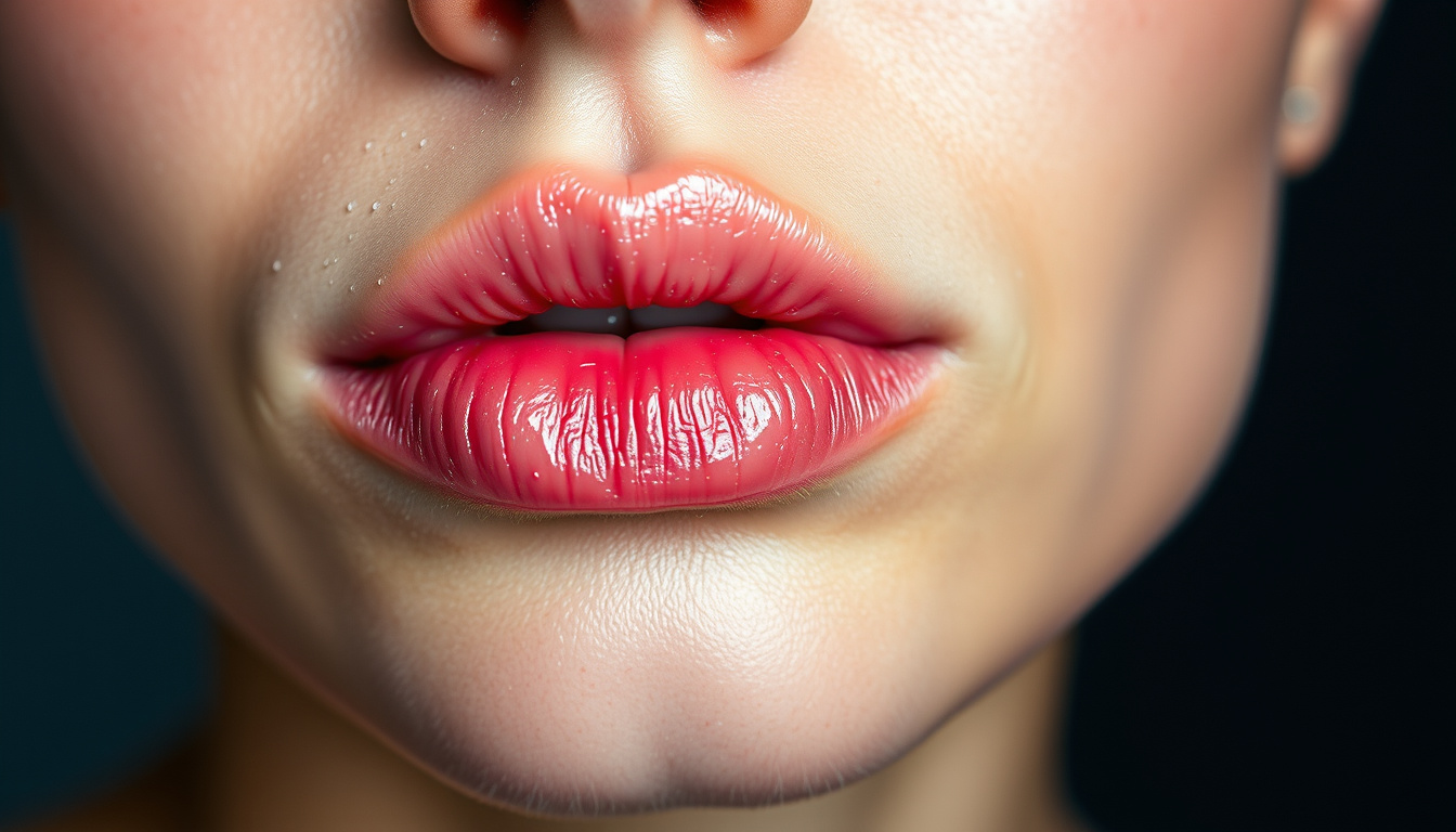  close-up of dry lips and skin, water glass with condensation, health care concept