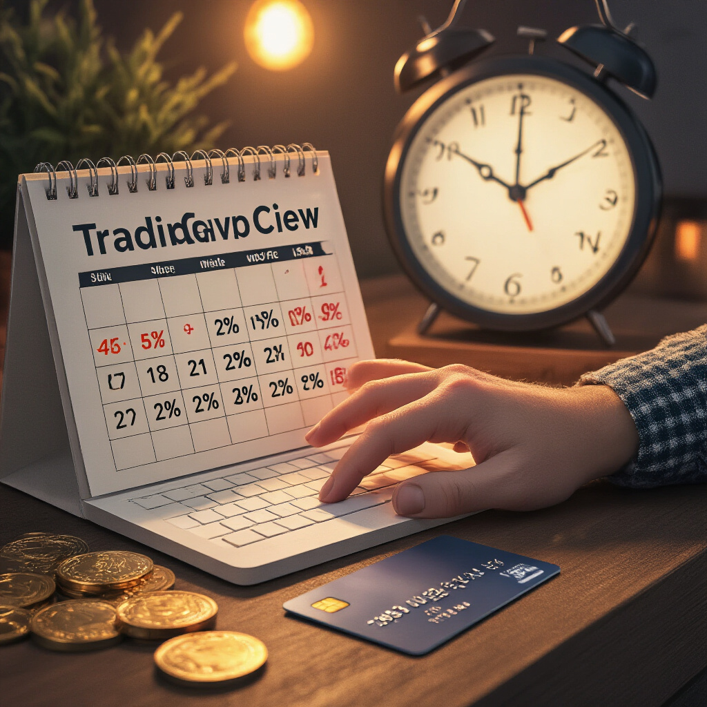 Create a realistic image of a person's hand hovering over a calendar or a computer screen displaying TradingView discount cycles, with a clock nearby showing a specific time, price tags with discount percentages visible, and a credit card ready for purchase, all under warm, ambient lighting that creates a strategic, money-saving atmosphere.