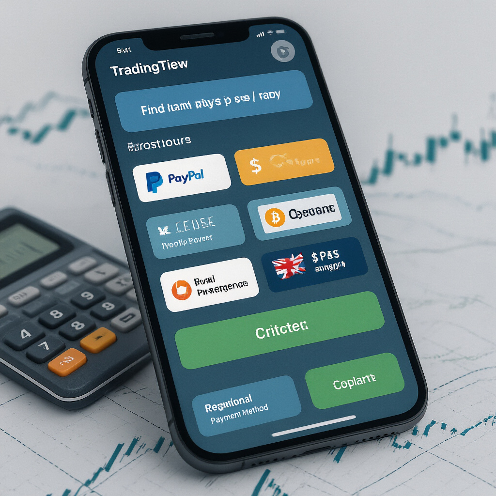Create a realistic image of a smartphone screen showing a TradingView checkout page with multiple payment options highlighted, including PayPal, cryptocurrency, and regional payment methods, with a credit card partially visible next to the phone, all on a desk with a faint chart pattern in the background, conveying a sense of finding alternative ways to pay for premium services.