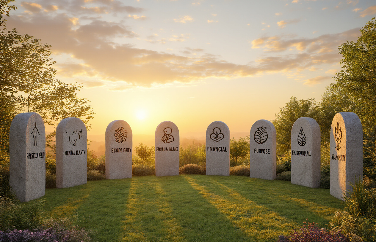 Create a realistic image of a peaceful garden setting with seven stone pillars arranged in a semi-circle, each carved with one of the wellbeing elements (physical health, mental clarity, emotional balance, social connections, financial stability, purpose, and environmental harmony), bathed in warm sunset light creating a sense of wholeness and balance.