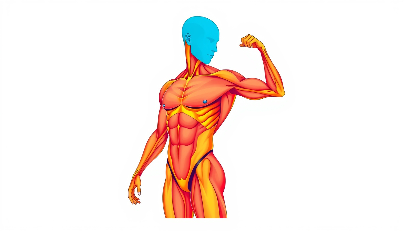  detailed body anatomy illustration highlighting lean muscle mass, vibrant colors, fitness theme