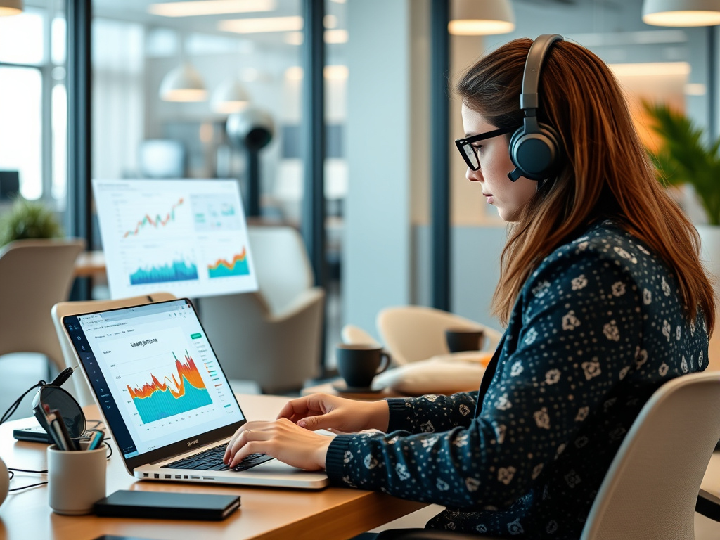 SEO specialist working on a laptop with analytics dashboards and SEO tools in a modern office setting