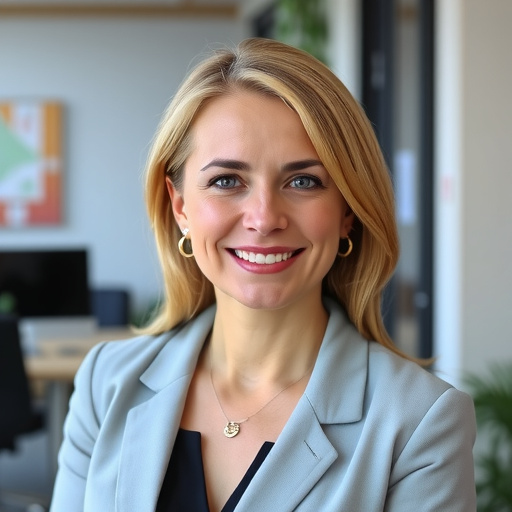 professional headshot of a confident female financial advisor in her late 30s, warm smile, business casual blazer, office background, professional yet approachable expression, natural lighting