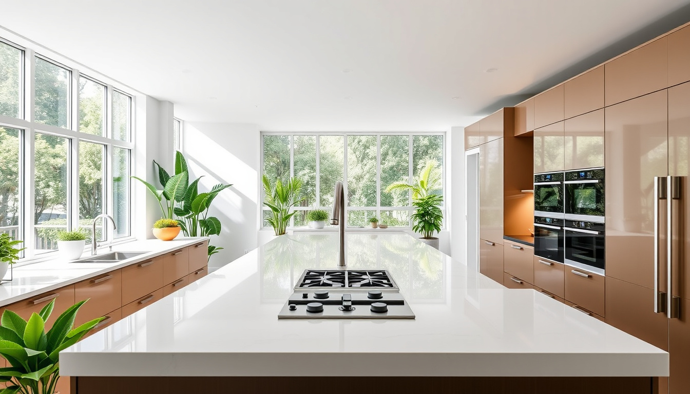 Home Design Tips to Transform Your Living Space Effortlessly 1 Bright open-concept kitchen with sleek countertops and greenery throughout