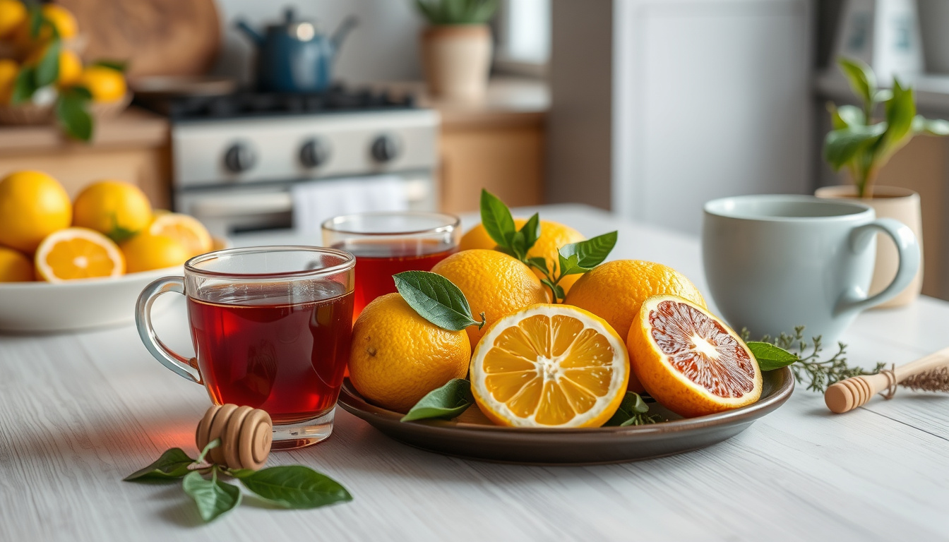  Juicy citrus fruits and herbal teas with honey on a cozy kitchen table