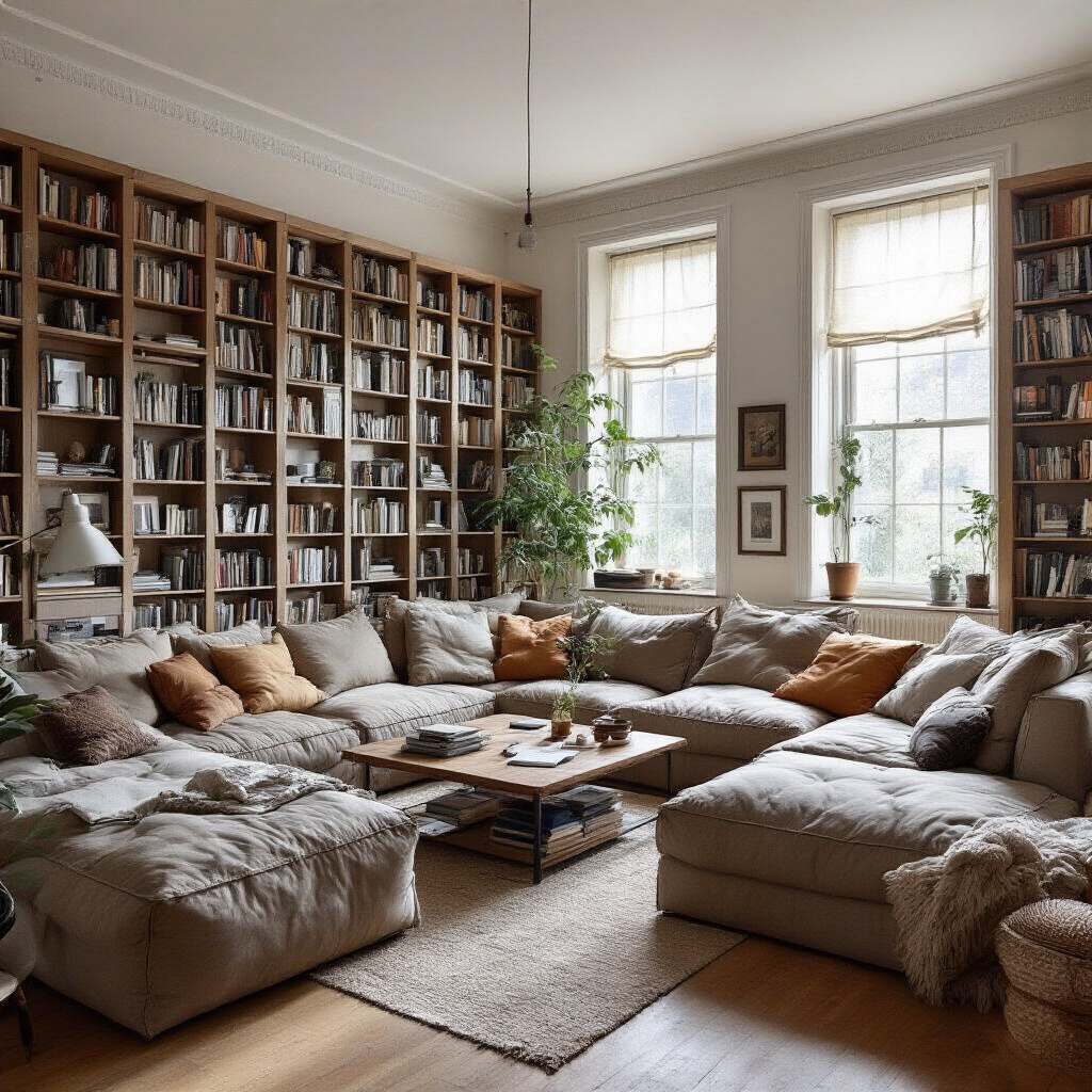 Create a realistic image of an overcrowded living room with large, bulky furniture pieces that clearly restrict movement, showing a coffee table that's too big for the space, an oversized sectional sofa, and tall bookcases that make the ceiling appear lower, with poor furniture arrangement creating awkward pathways, all in natural daylight filtering through partially covered windows, emphasizing how these elements consume valuable space.