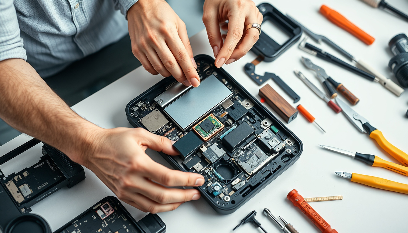  Person carefully dismantling old gadgets for eco-friendly recycling, clean workspace with tools
