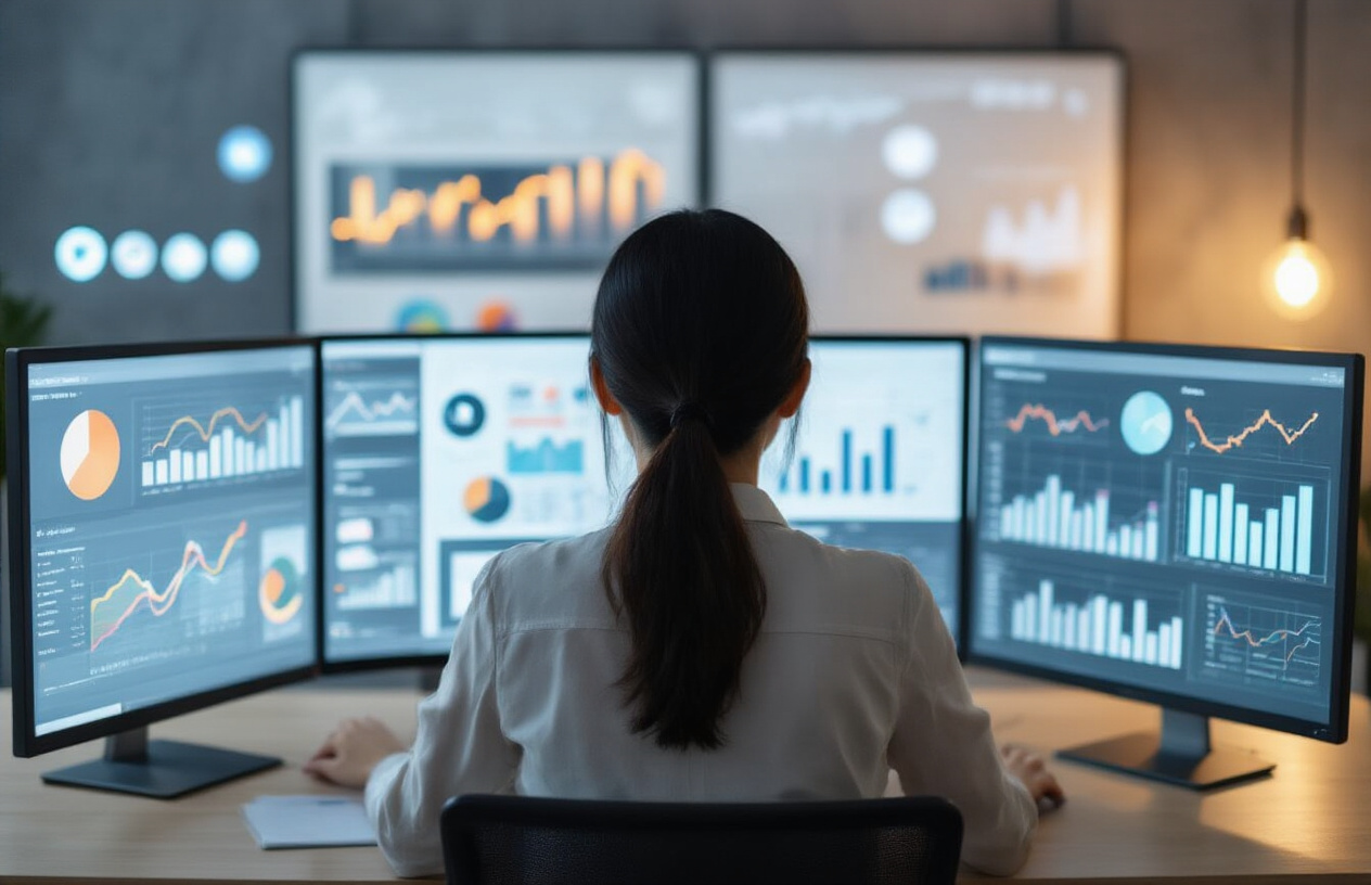 Create a realistic image of a focused Asian female professional analyzing social media data charts and graphs on multiple screens in a modern office setting, with competitor profiles and market trend visualizations displayed, subtle social media icons visible in the background, and a warm professional lighting highlighting her strategic planning for business growth.