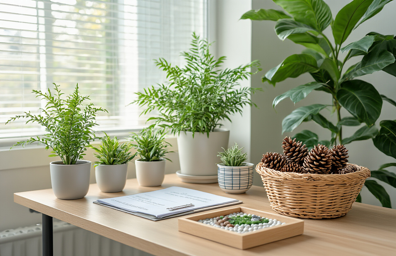 Create a realistic image of a school registrar's office with several small potted plants on the desk, a large leafy plant in the corner, a basket of pinecones, and a small desktop zen garden, all arranged to create a calming natural atmosphere while maintaining a professional look on a budget.
