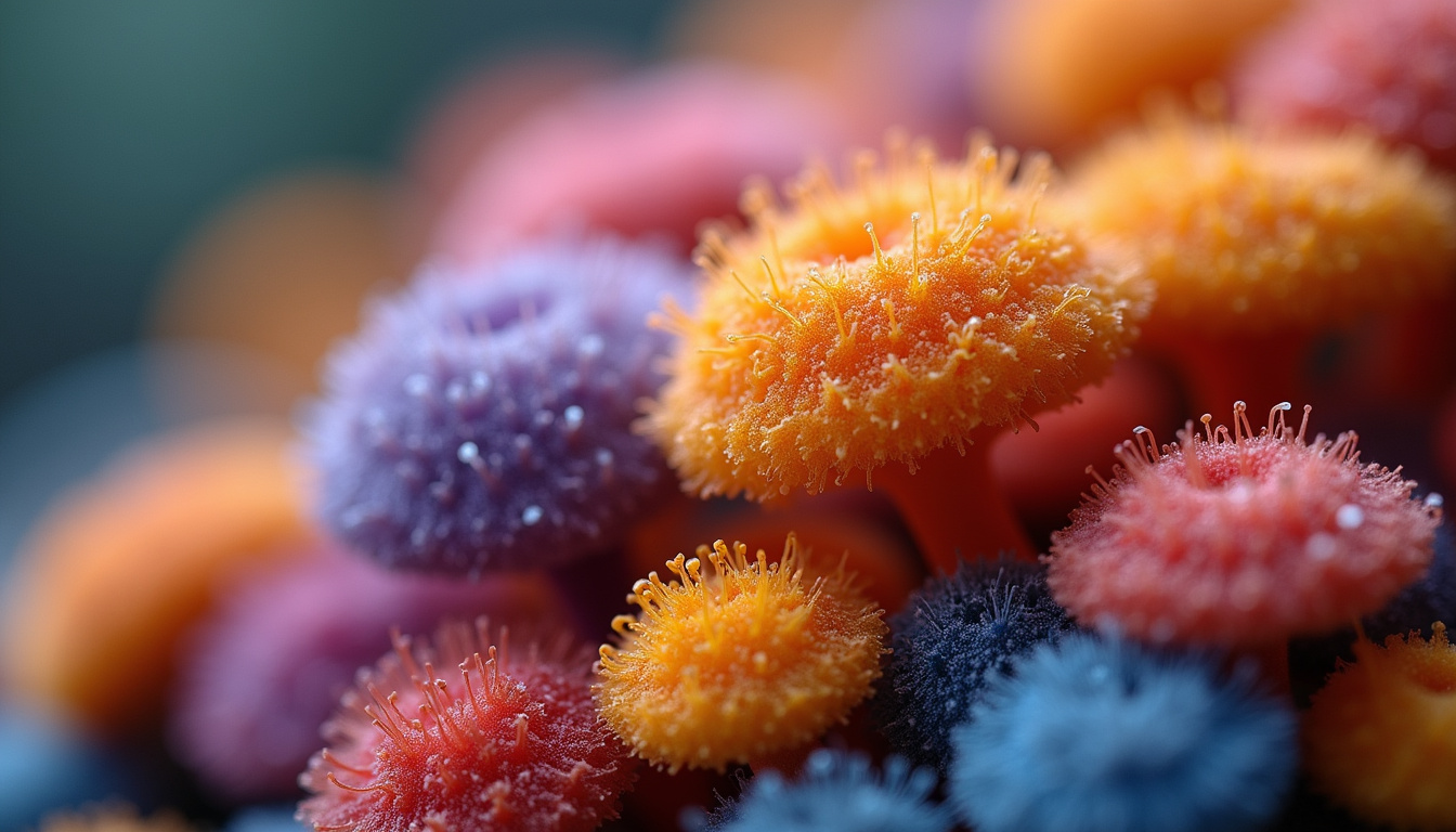  Close-up of diverse, vibrant mushroom spores under high-tech microscope