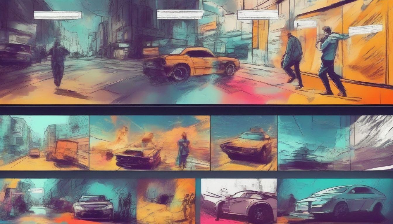  dynamic movie scene storyboard with colorful annotations and cinematic lighting effects