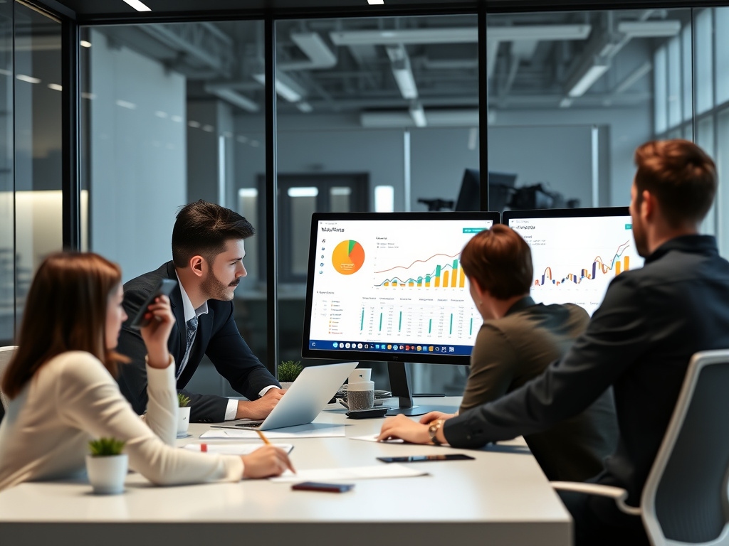 professional digital marketing team working on web design and analytics dashboard in a sleek office environment