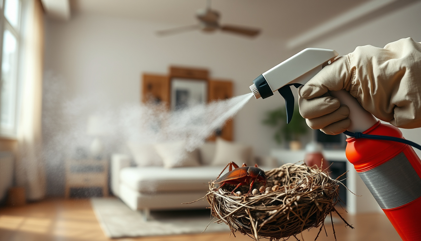  Dramatic exterminator spraying cockroach nest, chemical mist, urban home interior background