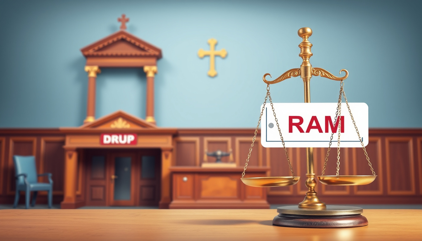  A courtroom scene with a DRAM shop license sign and legal scales