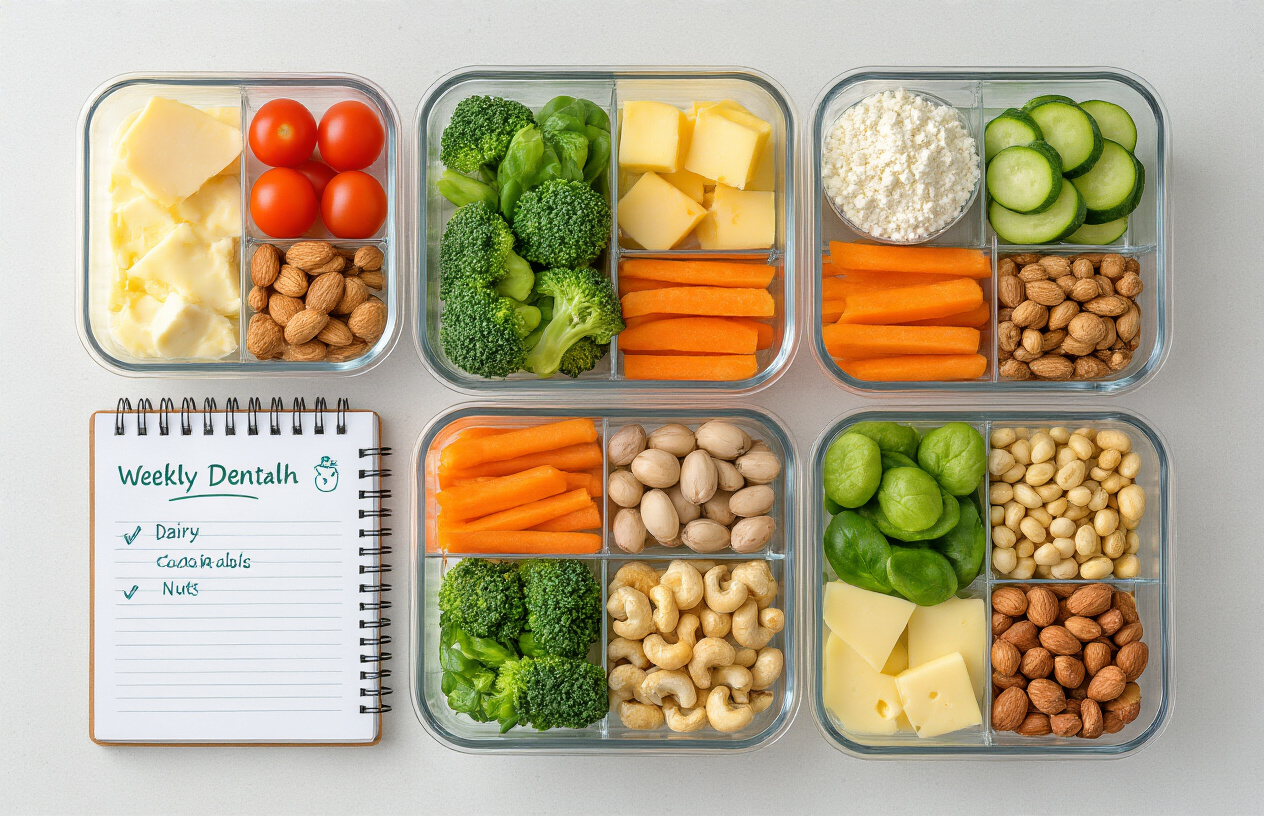 Create a realistic image of a thoughtfully arranged meal prep containers showcasing teeth-friendly foods like calcium-rich dairy, crunchy vegetables, lean proteins, and nuts, with a small notebook showing a weekly dental health meal plan, all displayed on a clean kitchen counter with natural lighting highlighting the fresh, vibrant colors of the nutritious foods.