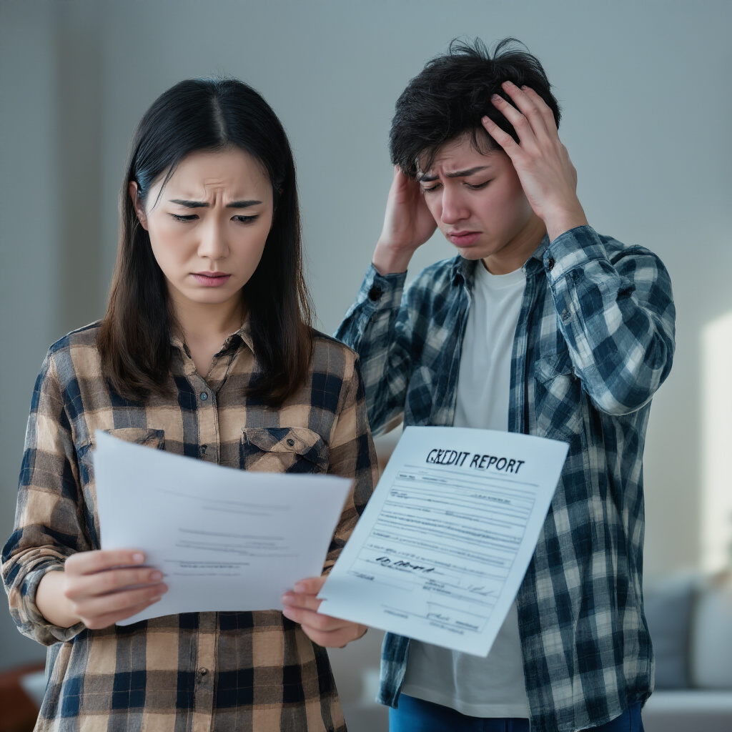 Create a realistic image of a concerned Asian female in her 30s looking at a document with a signature line, while a distressed white male in his 20s stands nearby with hands on his head, showing clear anxiety, with a credit report or loan document visible between them, in a modern living room with muted lighting conveying a tense atmosphere.