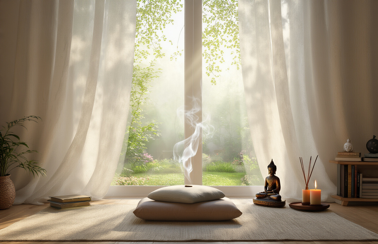 Create a realistic image of a serene meditation space with soft natural light filtering through sheer curtains, featuring a peaceful garden view, a comfortable meditation cushion, burning incense with wispy smoke trails, a small shelf with spiritual books, and a few meaningful symbols like a small Buddha statue and a Yin-Yang symbol, conveying tranquility and inner contemplation.
