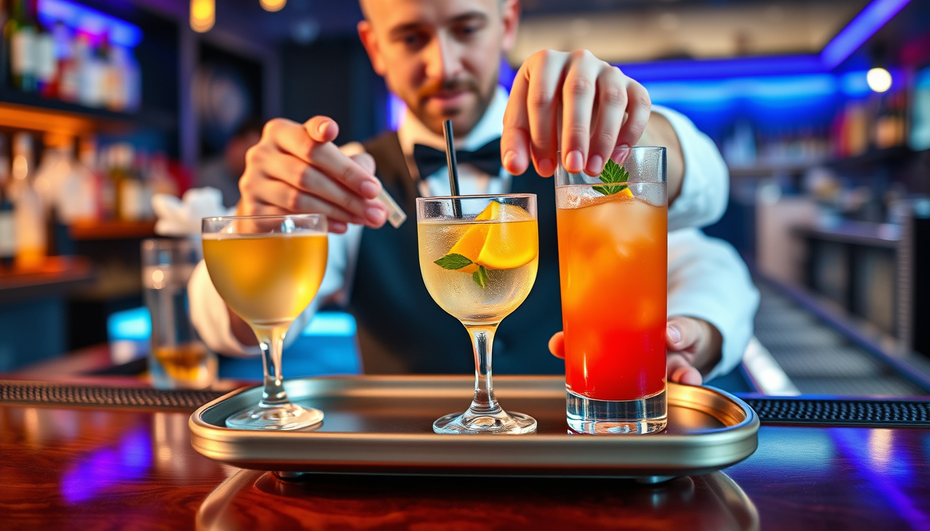 close-up of drinks on a tray, bartender checking ID, vibrant bar scene, emphasis on safe alcohol service