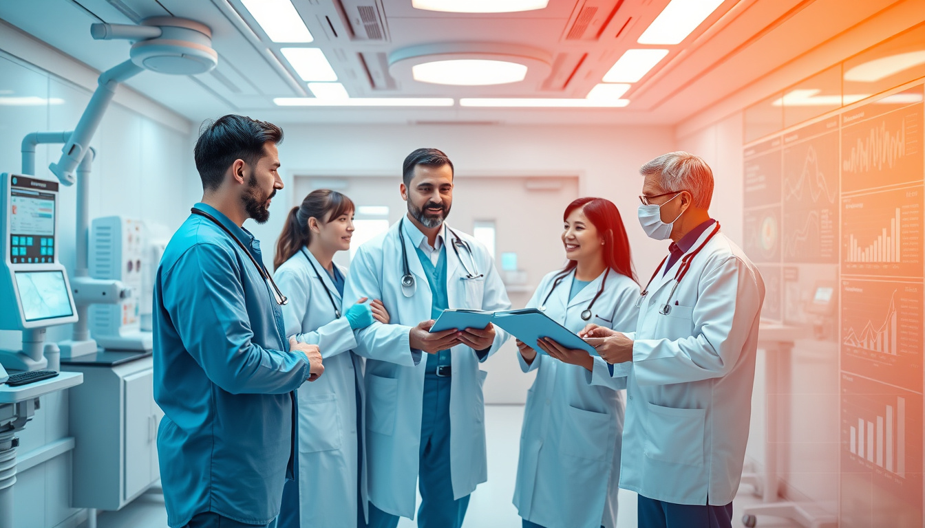  diverse medical team analyzing LSB-RVT provider options, futuristic hospital with advanced medical devices, clear data charts and graphs