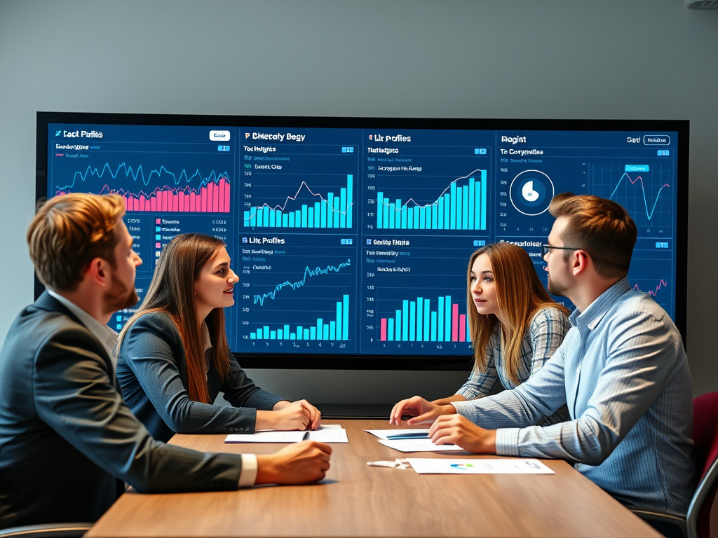corporate team discussing backlink strategies and link profiles on a digital dashboard