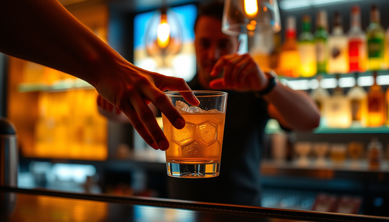 Close-up of hands serving a drink responsibly, illuminated bar scene, promoting safe alcohol sales practices