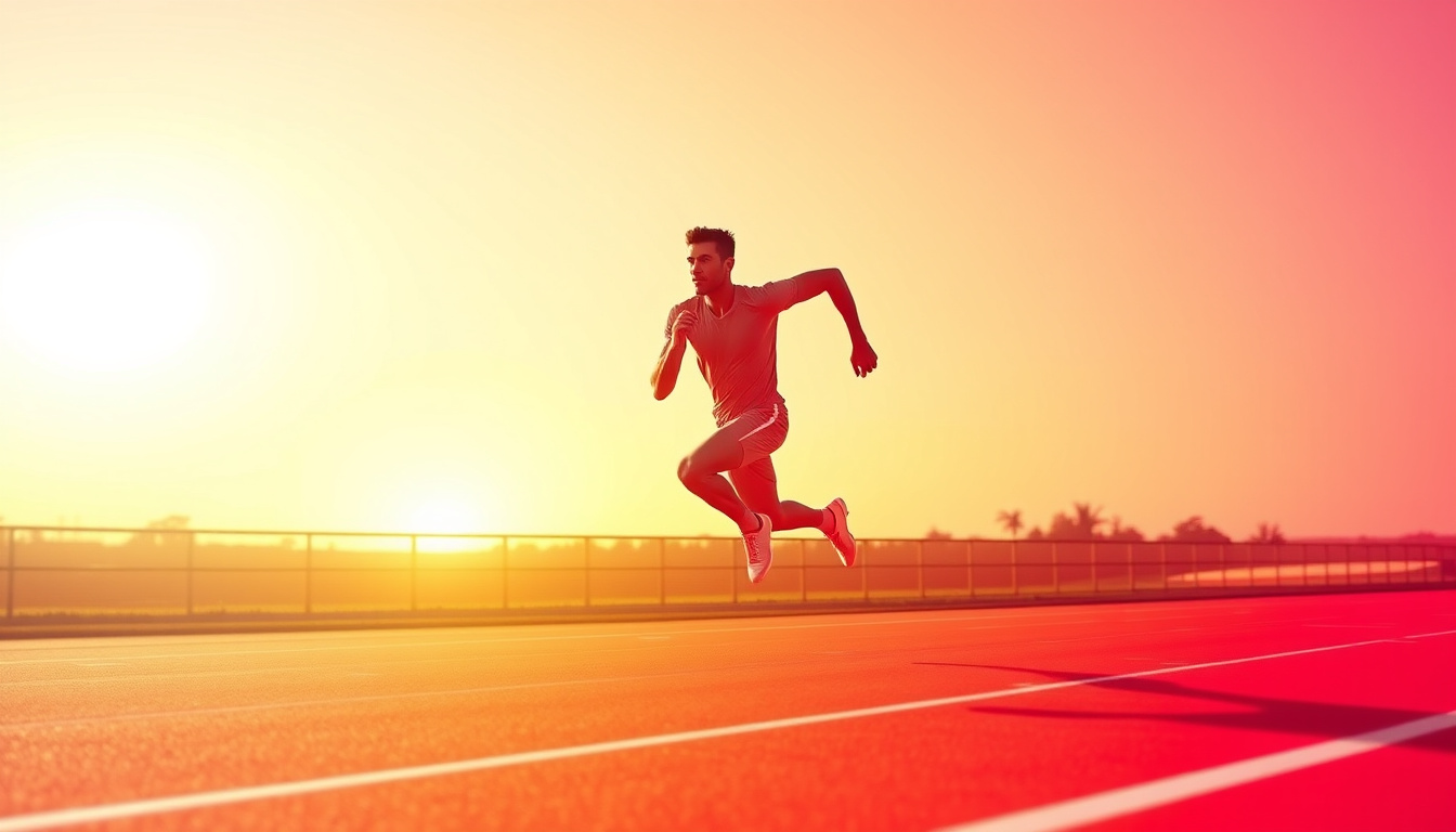  Dynamic sprinter mid-stride on track, energetic sunrise background