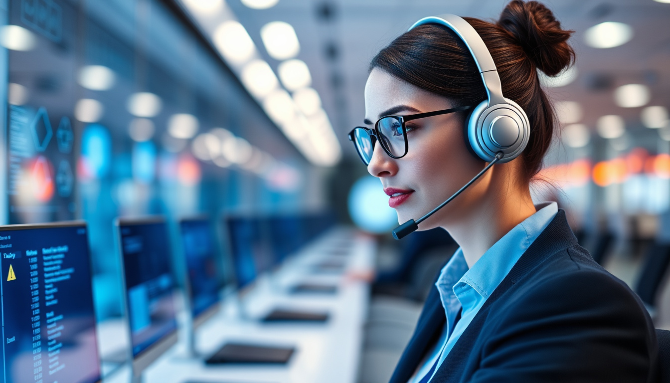  professional answering service agent with headset, seamless communication, digital interface, vibrant corporate environment