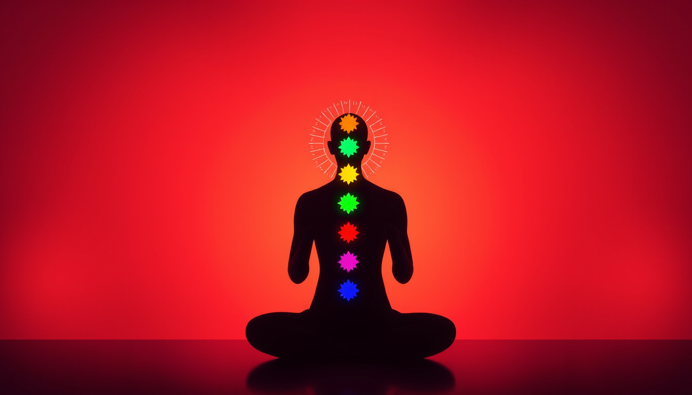  Illuminated human silhouette with colorful chakra points, tranquil meditation setting