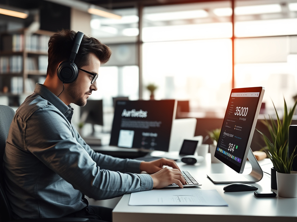 designer working on landing page layout for PPC campaign optimization in a corporate workspace
