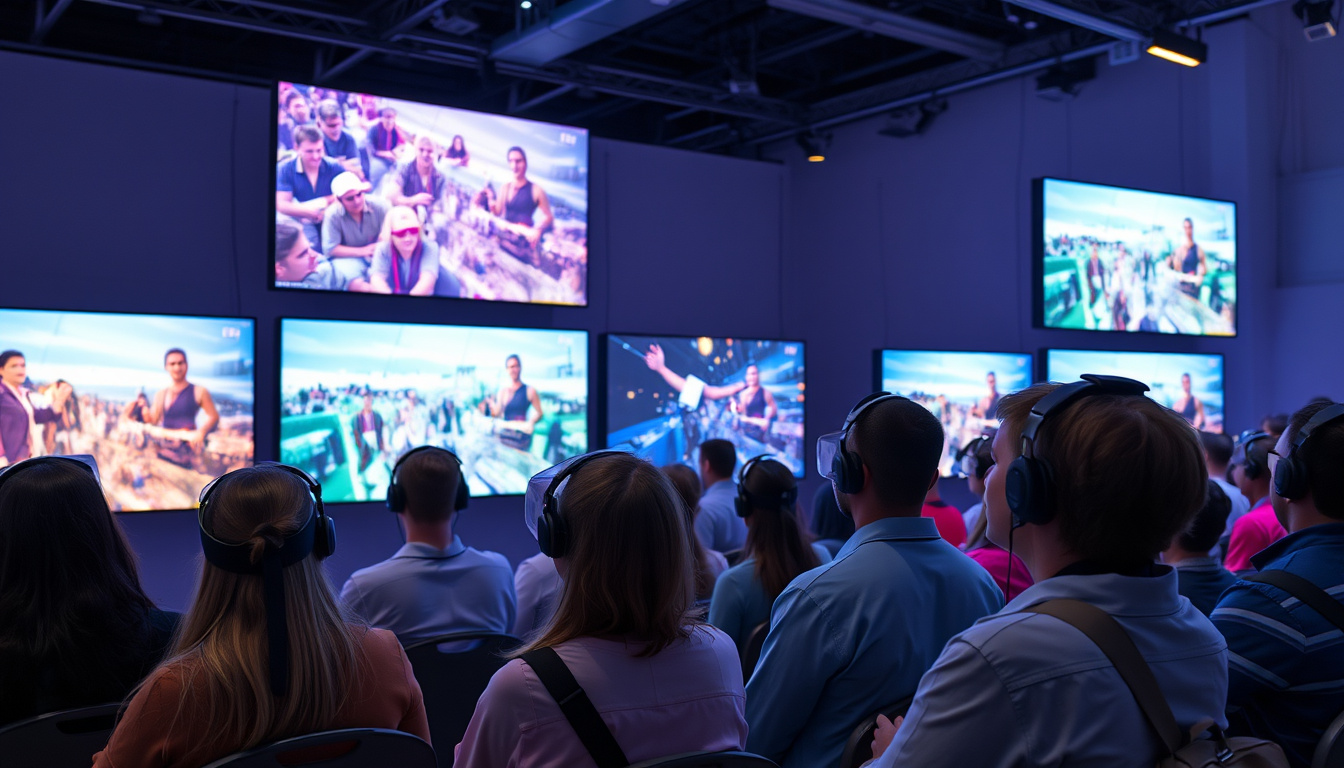  Diverse viewers watching content on immersive virtual screens